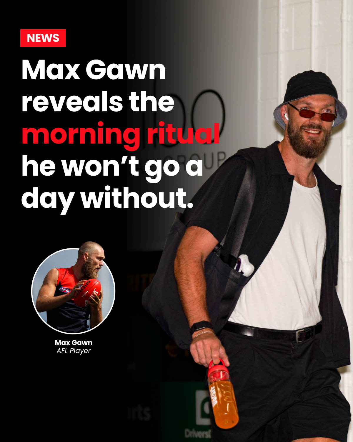 Max Gawn walking into the rooms with a Hyro bottle