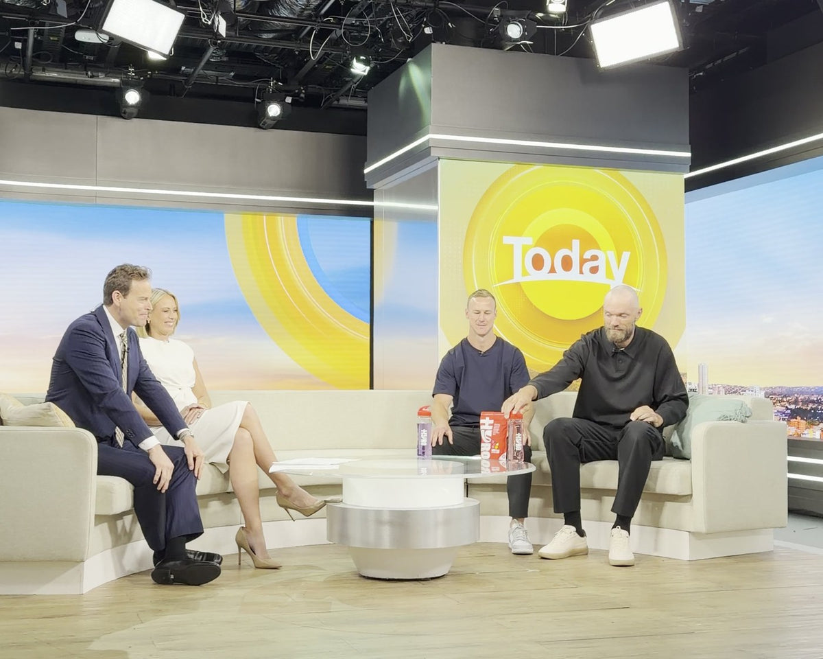 Today show hosts with Daly Cherry-Evans and Max Gawn, Hyro pouch and bottles on the desk