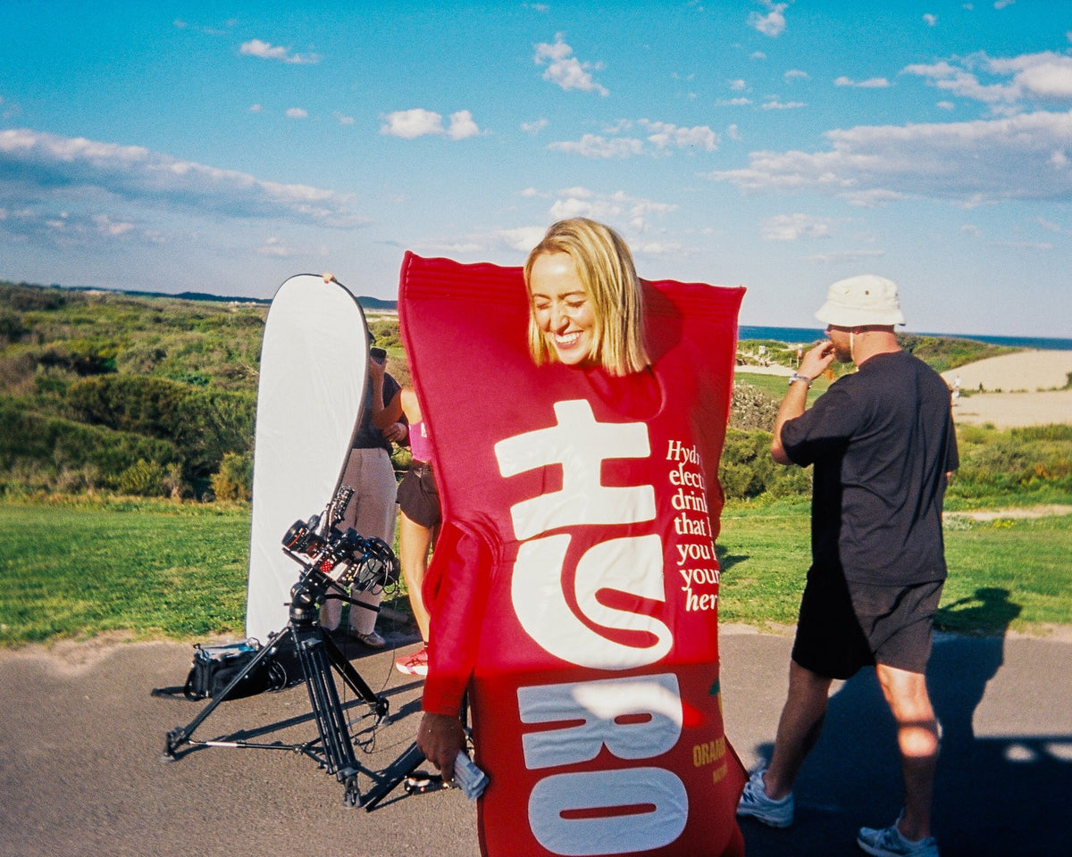 Behind the scenes of the Hyro launch shoot with the pouch costume
