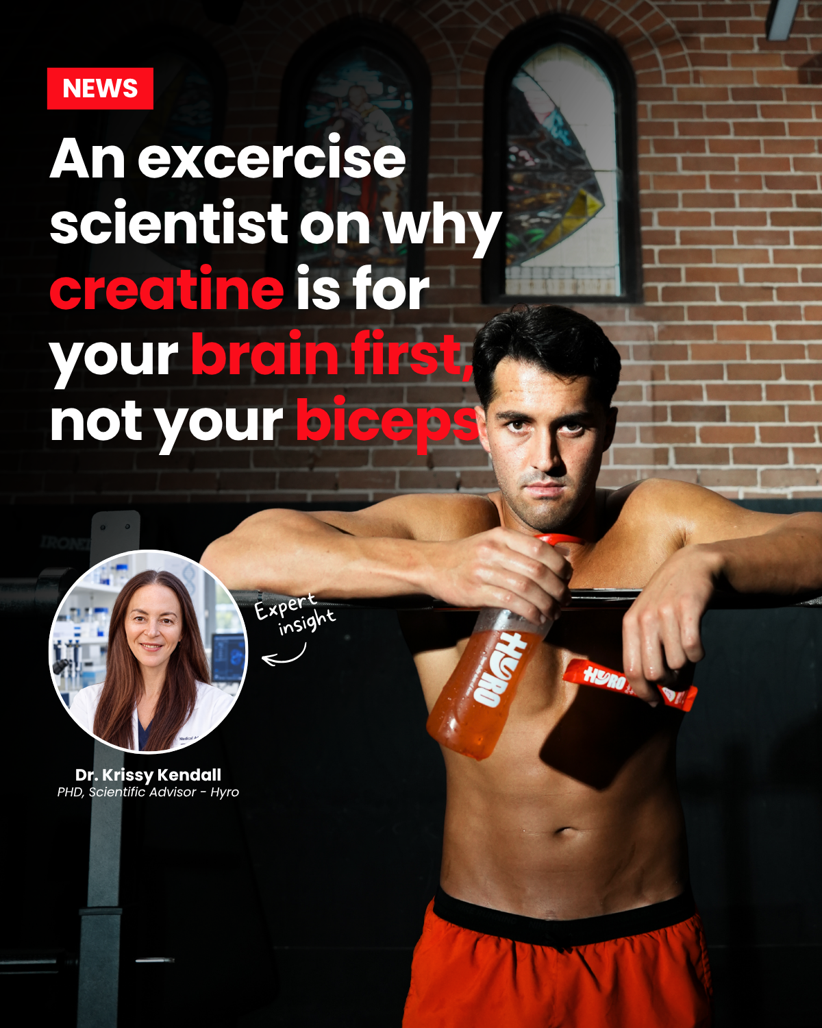 Man resting on a barbell holding a Hyro Perform bottle and stick, with Dr Krissy Kendall expert insight