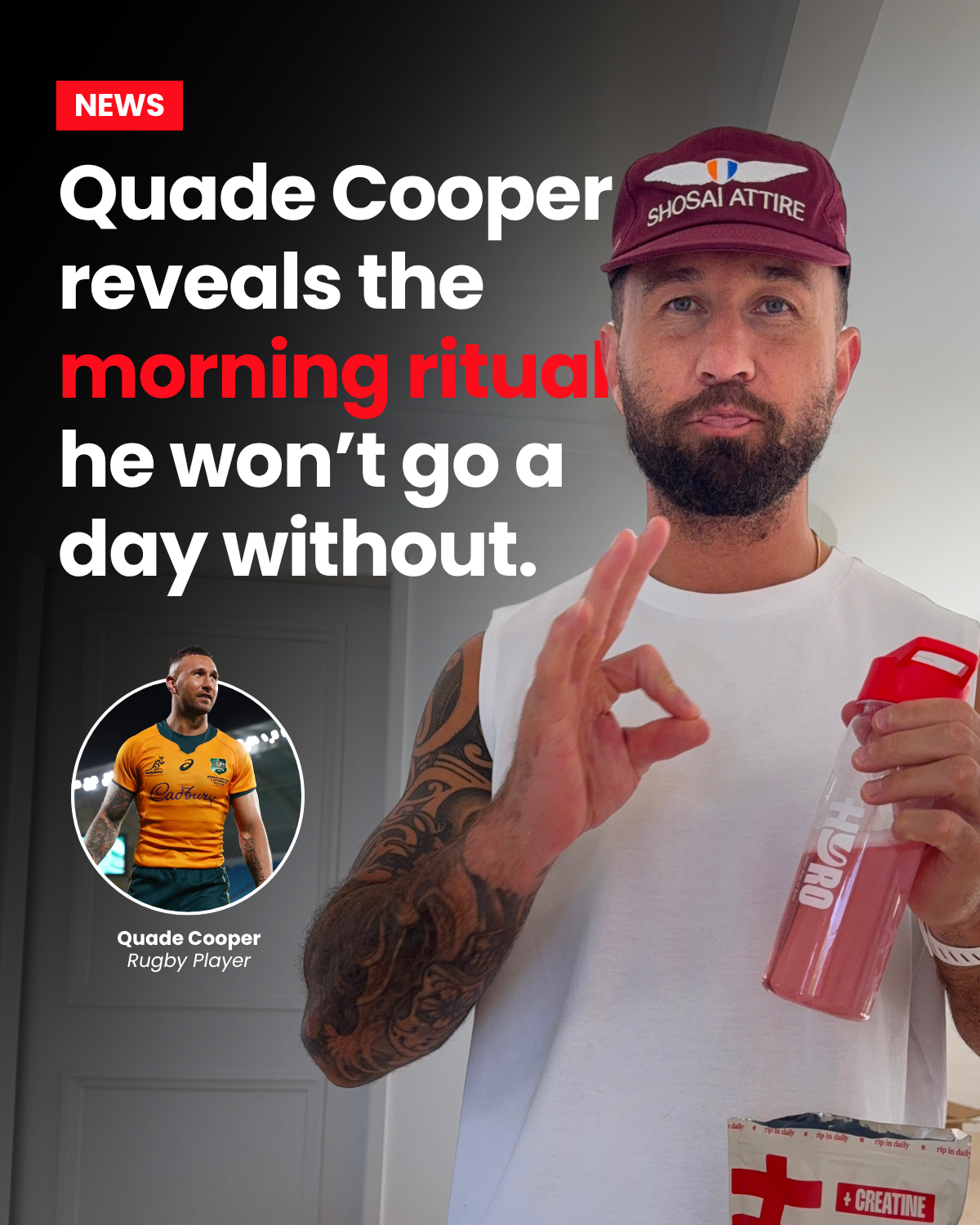 Quade Cooper tearing a Hyro Watermelon stick into his bottle in his kitchen